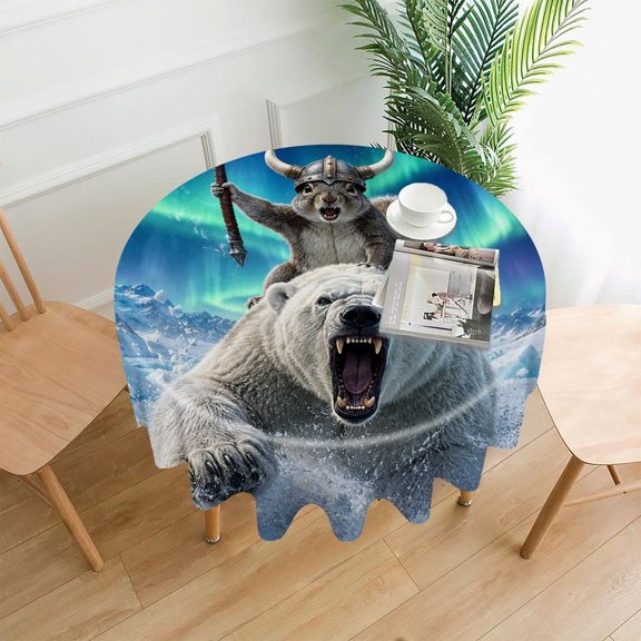 RKSupls 60 Inch Round Tablecloth, Squirrel Viking Polar Bear Axe Premium Polyester Straight Edge Wrinkle Resistant Washable Table Cover for Party Home Dining Decor
