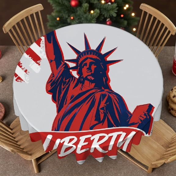 RKSupls 60 Inch Round Tablecloth - Statue Of Liberty With Banner Print, Holiday-Themed Design Kitchen Accessories Stain Resistant & Washable Decor ,Decor for Wedding, Party, Holiday, Home Dining