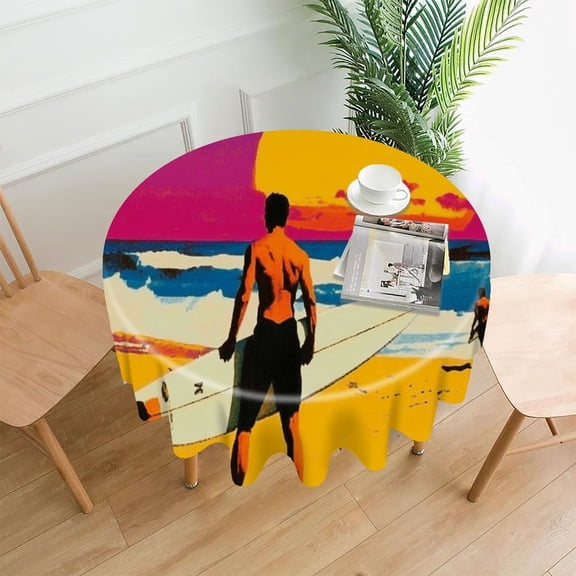RKSupls 60 Inch Round Tablecloth, Surfer Beach Retro Art Premium Polyester Straight Edge Wrinkle Resistant Washable Table Cover for Party Home Dining Decor