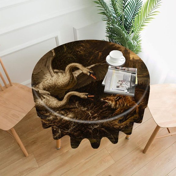 RKSupls 60 Inch Round Tablecloth, Swans Defending Nest from Fox.png Premium Polyester Straight Edge Wrinkle Resistant Washable Table Cover for Party Home Dining Decor