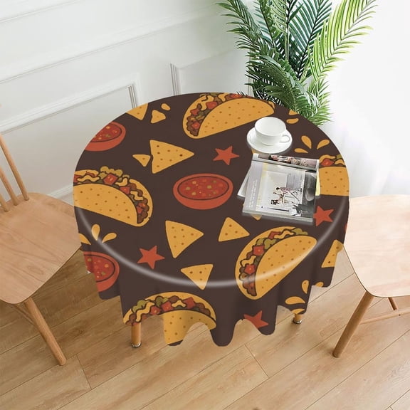 RKSupls 60 Inch Round Tablecloth, Taco Chips Salsa Brown Pattern Premium Polyester Straight Edge Wrinkle Resistant Washable Table Cover for Party Home Dining Decor