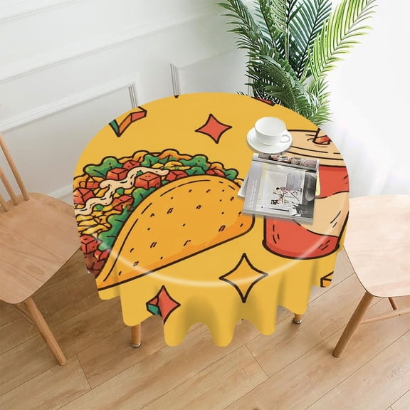 RKSupls 60 Inch Round Tablecloth, Taco And Soda Illustration Premium Polyester Straight Edge Wrinkle Resistant Washable Table Cover for Party Home Dining Decor