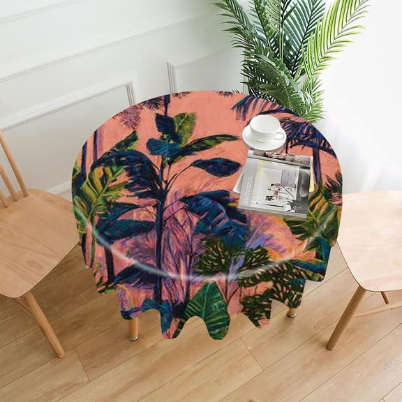 RKSupls 60 Inch Round Tablecloth, Tropical Jungle Pink Premium Polyester Straight Edge Wrinkle Resistant Washable Table Cover for Party Home Dining Decor