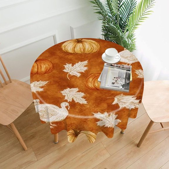 RKSupls 60 Inch Round Tablecloth, Turkey Pumpkin Autumn Pattern Premium Polyester Straight Edge Wrinkle Resistant Washable Table Cover for Party Home Dining Decor