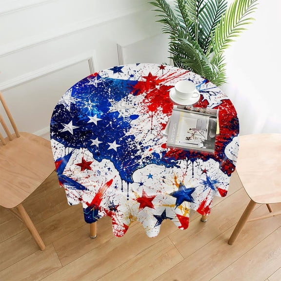 RKSupls 60 Inch Round Tablecloth, USA Map Splatter Stars Paint Premium Polyester Straight Edge Wrinkle Resistant Washable Table Cover for Party Home Dining Decor