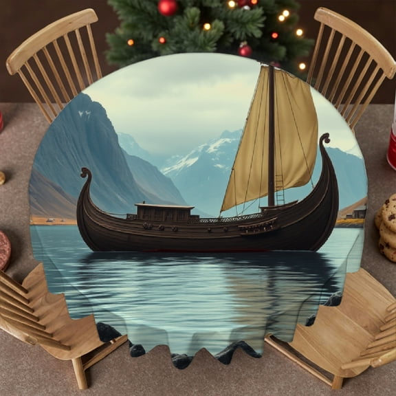 RKSupls 60 Inch Round Tablecloth, Viking Ship Fjord Landscape Polyester Table Cover - Soft, Stain Resistant & Washable Decor for Wedding, Party, Holiday, Home Dining
