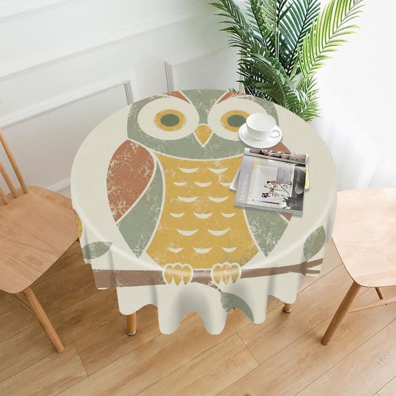 RKSupls 60 Inch Round Tablecloth, Vintage Owl On Branch Premium Polyester Straight Edge Wrinkle Resistant Washable Table Cover for Party Home Dining Decor