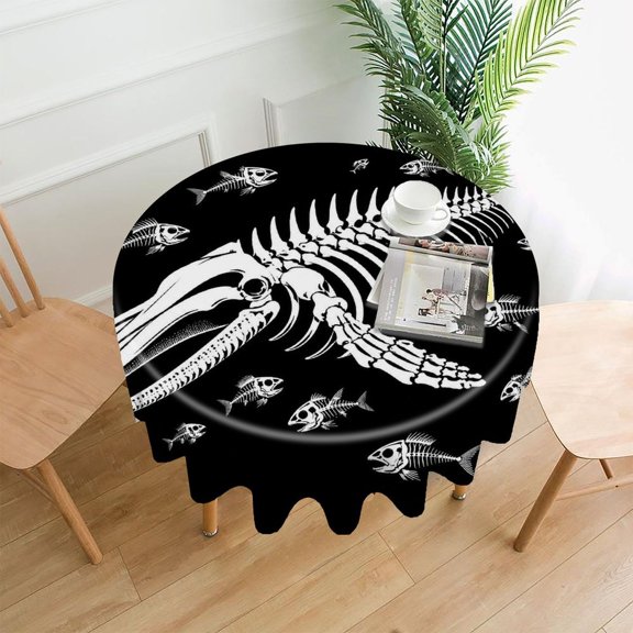 RKSupls 60 Inch Round Tablecloth, Whale Skeleton Fish Bones Art Premium Polyester Straight Edge Wrinkle Resistant Washable Table Cover for Party Home Dining Decor