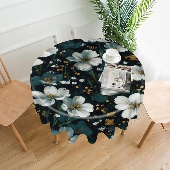 RKSupls 60 Inch Round Tablecloth, White Flowers Dark Premium Polyester Straight Edge Wrinkle Resistant Washable Table Cover for Party Home Dining Decor