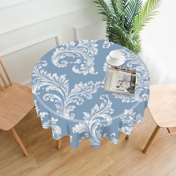 RKSupls 60 Inch Round Tablecloth, White Scroll Corner Blue Pattern Premium Polyester Straight Edge Wrinkle Resistant Washable Table Cover for Party Home Dining Decor