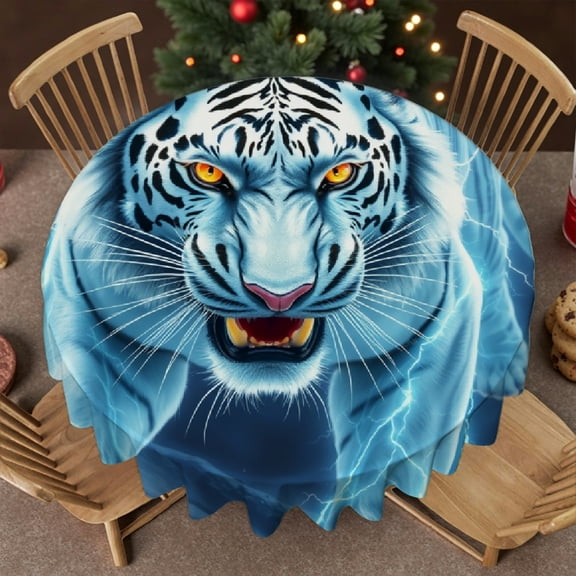 RKSupls 60 Inch Round Tablecloth, White Tiger Lightning Art Polyester Table Cover - Soft, Stain Resistant & Washable Decor for Wedding, Party, Holiday, Home Dining