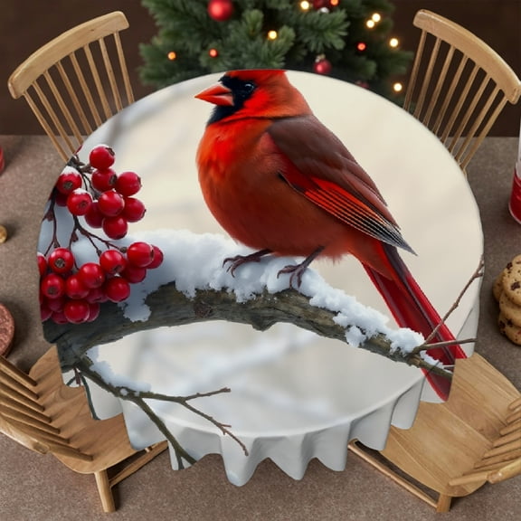 RKSupls 60 Inch Round Tablecloth, Winter Red Cardinal Bird Polyester Table Cover - Soft, Stain Resistant & Washable Decor for Wedding, Party, Holiday, Home Dining