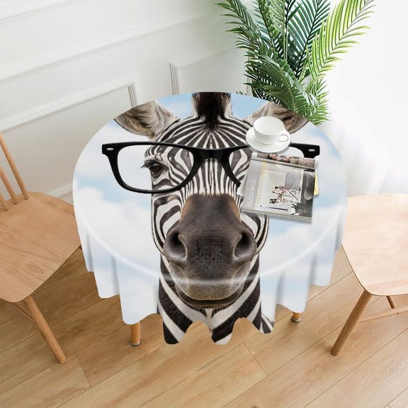 RKSupls 60 Inch Round Tablecloth, Zebra With Black Frame Glasses Premium Polyester Straight Edge Wrinkle Resistant Washable Table Cover for Party Home Dining Decor
