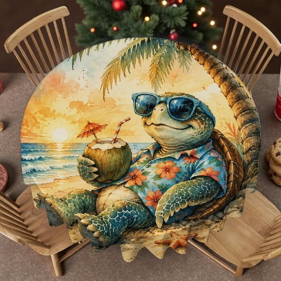 RKSupls 60 Inch Stain Resistant & Washable Decor - Beach Turtle Enjoying Coconut Drink Print, Polyester Tablecloths 2D Flat Printing Soft, Wedding, Party, Holiday, Home Dining