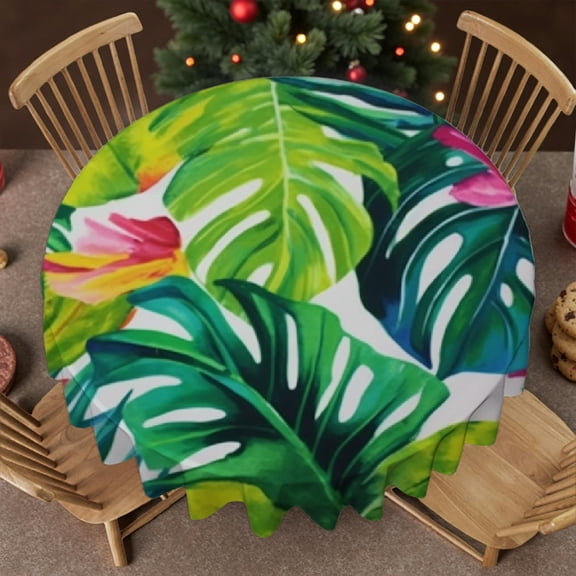 RKSupls 60 Inch Stain Resistant & Washable Decor - Tropical Leaves Print Monstera Palm Botanical Pattern Print, 2D Flat Printing Polyester Tablecloths Round Tablecloth