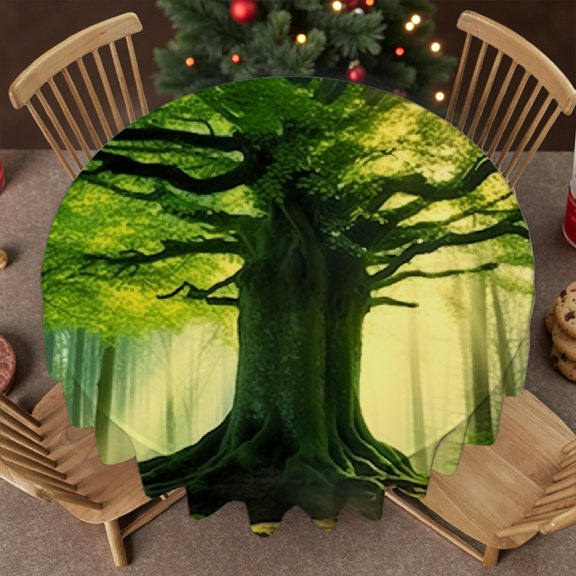RKSupls 60 Inch Sunlight Forest Tree Green Round Tablecloth, Kitchen Accessories - Holiday-Themed Design Stain Resistant & Washable Decor, Wedding, Party, Holiday, Home Dining