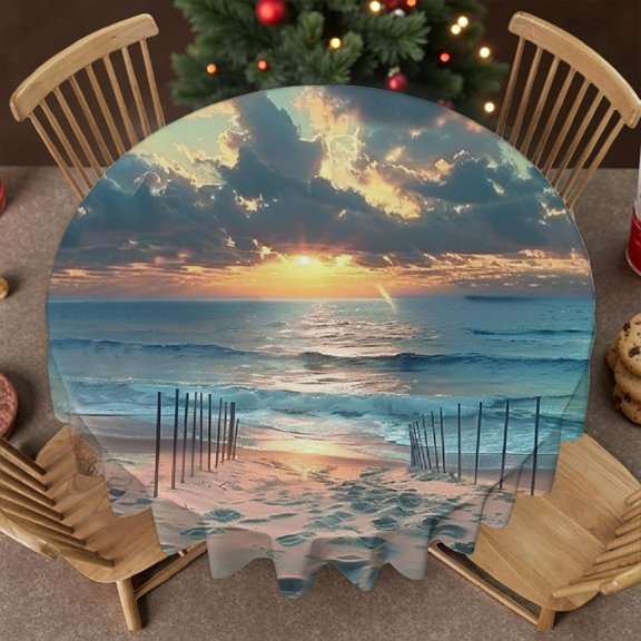RKSupls 60 Inch Sunset Beach Path Round Tablecloth, Polyester Tablecloths - Machine-Made Polyester Table Cover , Wedding, Party, Holiday, Home Dining