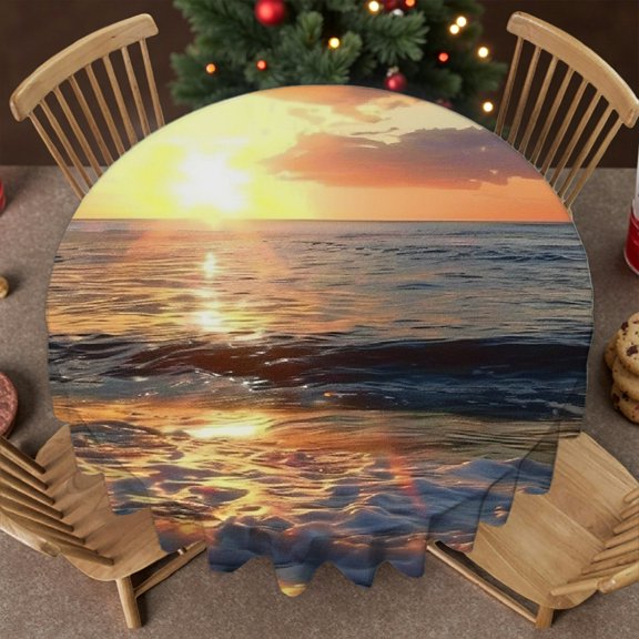 RKSupls 60 Inch Sunset Beach Window Print Stain Resistant & Washable Decor, Festive Table Setting 2D Flat Printing, Sunset Beach Window