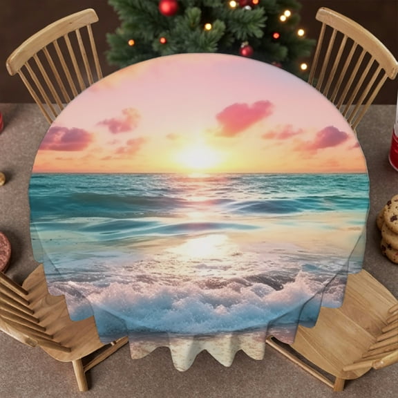 RKSupls 60 Inch Sunset Ocean Window Print Stain Resistant & Washable Decor, Holiday-Themed Design Festive Table Setting, Sunset Ocean Window