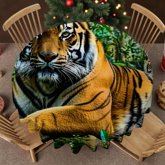 RKSupls 60 Inch  Tiger Rock Jungle Family Print  Stain Resistant & Washable Decor, Festive Table Setting 2D Flat Printing, Tiger Rock Jungle Family