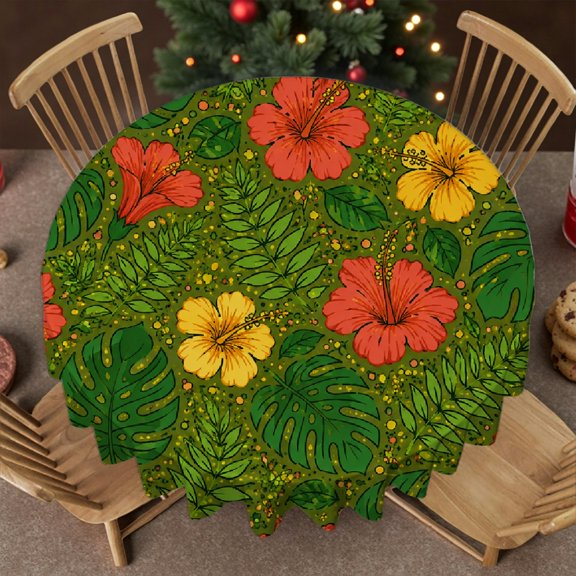 RKSupls 60 Inch Tropical Hibiscus Jungle Print Print Round Tablecloth, Machine-Made Polyester Tablecloths, Tropical Hibiscus Jungle Print