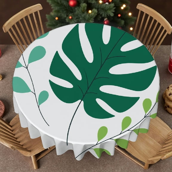 RKSupls 60 Inch Tropical Monstera Leaves Print Round Tablecloth, 2D Flat Printing Festive Round Table Setting, Tropical Monstera Leaves