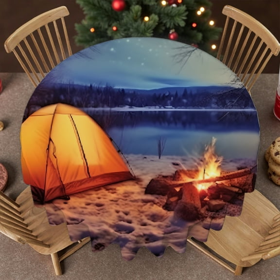 RKSupls 60 Inch  Winter Camping Tent Campfire Snow Lake Night Print  Round Tablecloth, Festive Table Setting 2D Flat Printing, Winter Camping Tent Campfire Snow Lake Night