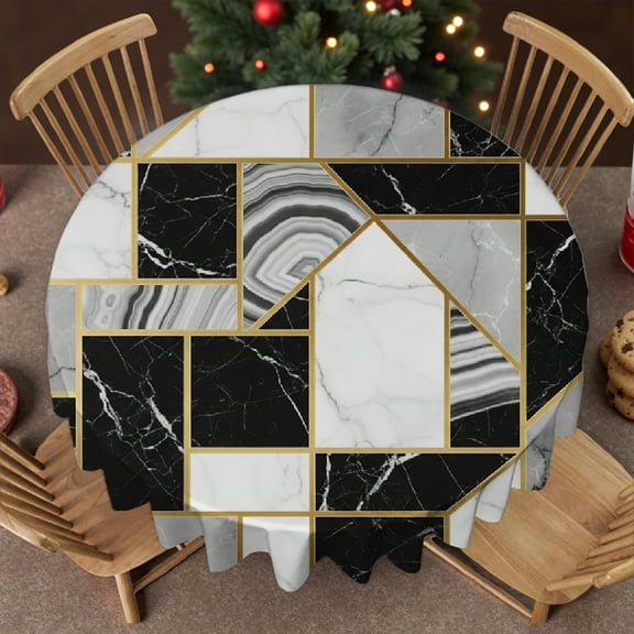 RKSupls 60 InchAbstract Marble Granite Agate Gold Polyester Table Cover , Polyester Tablecloths - Machine-Made Stain Resistant & Washable Decor, Wedding, Party, Holiday, Home Dining