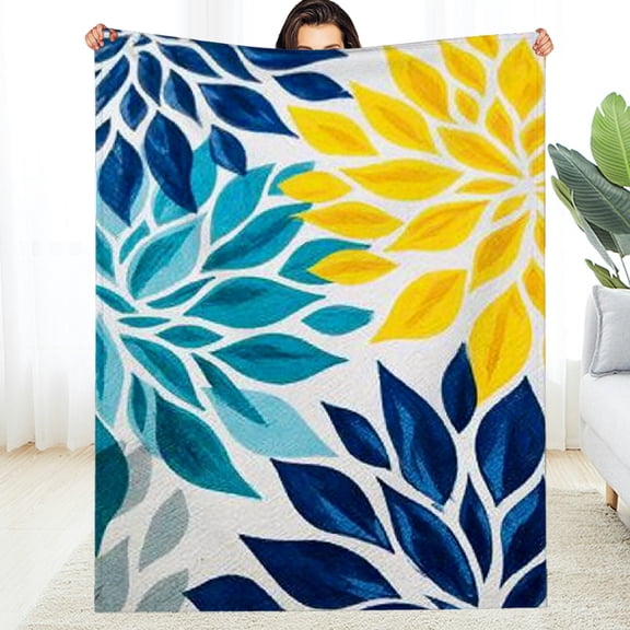 RKSupls Abstract Blue Yellow Dahlia Print Soft Flannel Throw Blanket, Lightweight Fuzzy Warm Cozy Blanket for Couch Bed Home Travel Decor