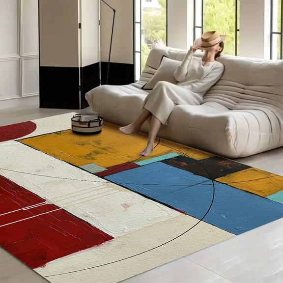 RKSupls Abstract Brown and Teal Blue Geometric - Soft Fluffy Velvet Area Rug for Living Room Bedroom, Non-Slip Washable Carpet, Modern Minimalist Home Decor Floor Mat