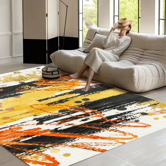 RKSupls Abstract Brushstroke Gold Orange Soft Fluffy Velvet Area Rug for Living Room Bedroom, Non-Slip Washable Carpet, Chic Minimalist Home Decor