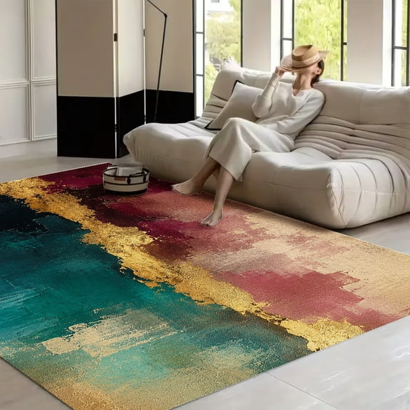 RKSupls Abstract Burgundy Gold Horizon Soft Fluffy Velvet Area Rug for Living Room Bedroom, Non-Slip Washable Carpet, Chic Minimalist Home Decor