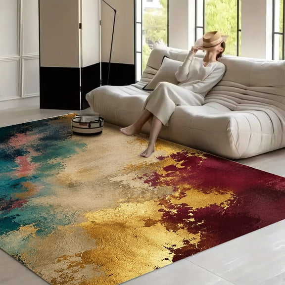 RKSupls 4x3ft Abstract Crimson Gold Cloud Soft Fluffy Velvet Area Rug for Living Room Bedroom, Non-Slip Washable Carpet, Chic Minimalist Home Decor