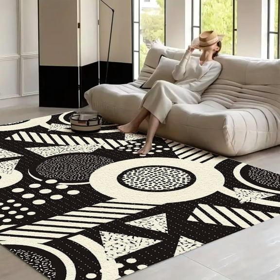 RKSupls Abstract Geometric Stripe Pattern Soft Fluffy Velvet Area Rug for Living Room Bedroom, Non-Slip Washable Carpet, Chic Minimalist Home Decor