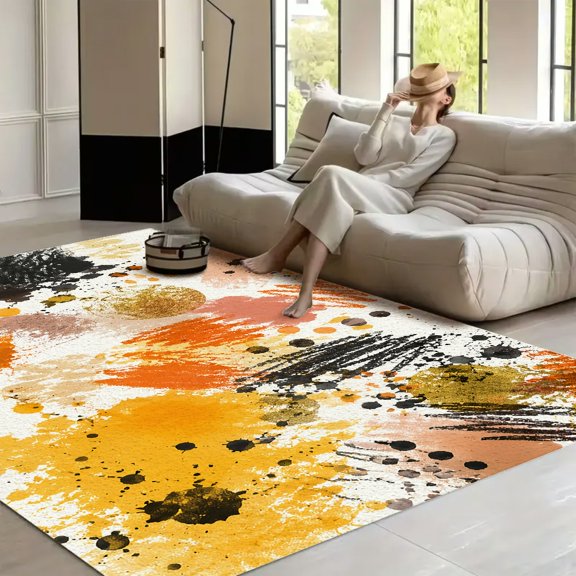 RKSupls Abstract Gold Circle Orange Black Soft Fluffy Velvet Area Rug for Living Room Bedroom, Non-Slip Washable Carpet, Chic Minimalist Home Decor
