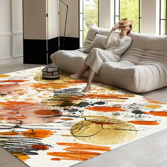 RKSupls Abstract Gold Disc Orange Strokes Soft Fluffy Velvet Area Rug for Living Room Bedroom, Non-Slip Washable Carpet, Chic Minimalist Home Decor