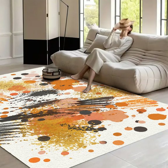 RKSupls Abstract Orange Gold Black Splash Soft Fluffy Velvet Area Rug for Living Room Bedroom, Non-Slip Washable Carpet, Chic Minimalist Home Decor