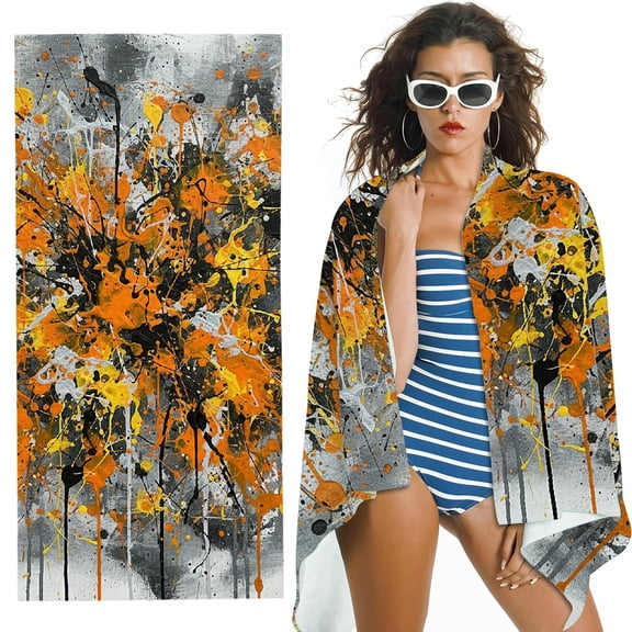 RKSupls Abstract Orange and Grey Paint Splatter Oversized Microfiber Beach Towel -  Ultra-Soft Microfiber, for Bathroom, beach, Soft Super Absorbent- 30x60 in