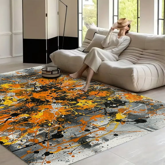 RKSupls Abstract Orange and Grey Paint Splatter - Soft Fluffy Velvet Area Rug for Living Room Bedroom, Non-Slip Washable Carpet, Modern Minimalist Home Decor Floor Mat