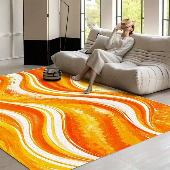 RKSupls Abstract Orange Wave Soft Fluffy Velvet Area Rug for Living Room Bedroom, Non-Slip Washable Carpet, Modern Minimalist Home Decor Floor Mat