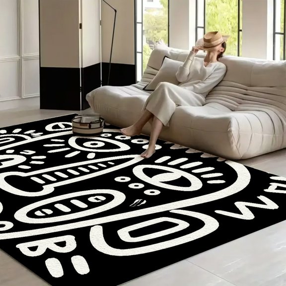 RKSupls Abstract Tribal Face Pattern Soft Fluffy Velvet Area Rug for Living Room Bedroom, Non-Slip Washable Carpet, Modern Minimalist Home Decor Floor Mat
