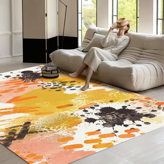 RKSupls Abstract Yellow Orange Pink Splash Soft Fluffy Velvet Area Rug for Living Room Bedroom, Non-Slip Washable Carpet, Chic Minimalist Home Decor