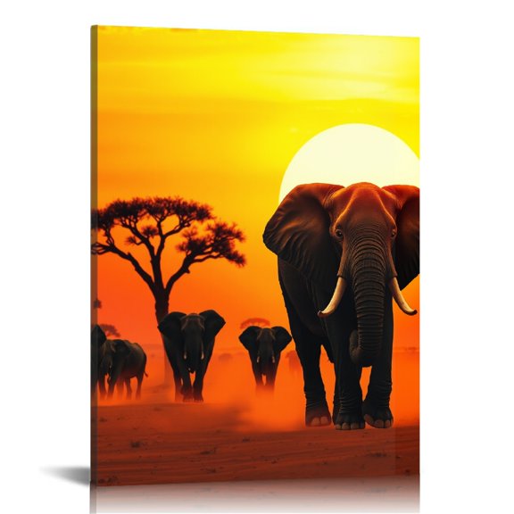 RKSupls African Elephant Sunset Savanna Canvas Wall Art, Canvas Prints Wall Art for Living Room Bedroom Entryway Office, Art Print Painting for Home Decor