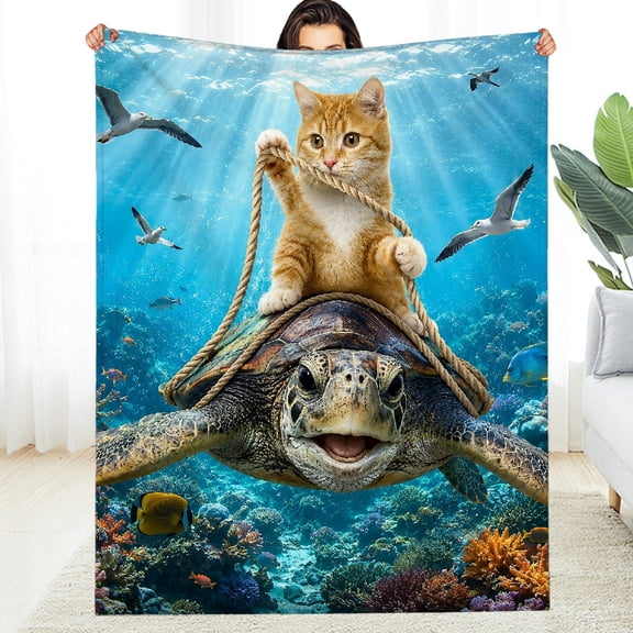 RKSupls All-Season Blanket , Cat Riding Sea Turtle Underwater Warm and Cozy Throw - Warm Lightweight Soft Throw for Couch, Travel, Camping