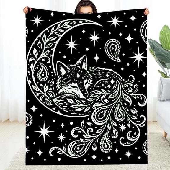 RKSupls  All-Season Blanket , Sleeping Fox On Crescent Moon  Warm and Cozy Throw - Machine Washable Lightweight Soft Throw for Couch, Travel, Camping
