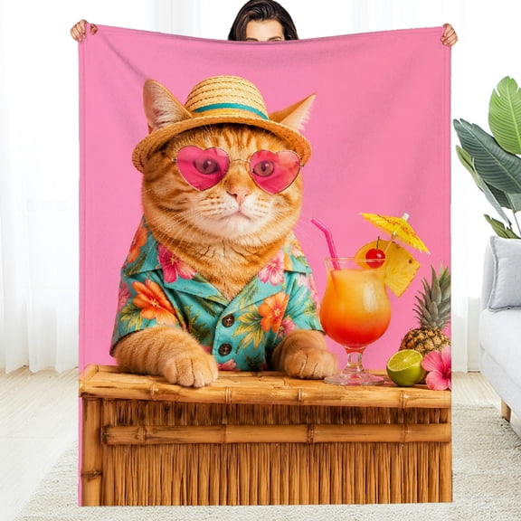 RKSupls  All-Season Blanket , Tropical Cat With Cocktail At Tiki Bar Soft Flannel Fleece Blanket - Warm Tear-Resistant Soft Throw for Couch, Travel, Camping