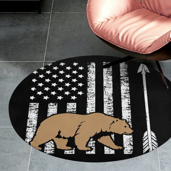 RKSupls American Flag Bear Arrow Hunting Round Flannel Floor Mat, Soft Non-Slip Washable Rug suitable for Living Room Bedroom Nursery, Decorative Floor Rug