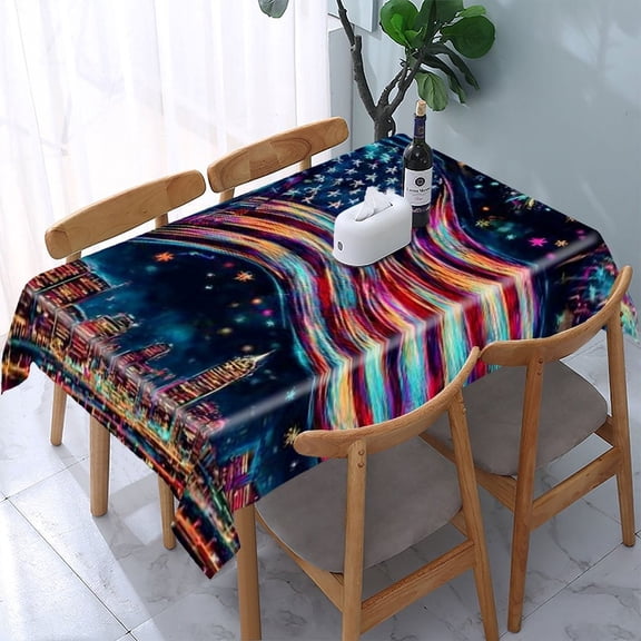 RKSupls American Flag Fireworks City Rectangle Dining Tablecloth, Washable Wipeable Stain & Wrinkle Resistant Polyester Tablecloth for Kitchen Picnic Party