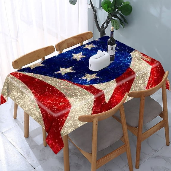 RKSupls American Flag Glitter Rectangle Dining Tablecloth, Washable Wipeable Stain & Wrinkle Resistant Polyester Tablecloth for Kitchen Picnic Party