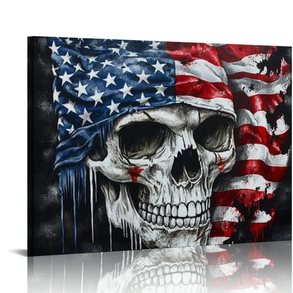 RKSupls American Flag Skull Canvas Wall Art, Patriotic Gothic Wall Decor Print, Modern Artwork for Living Room Bedroom Office Home Decor